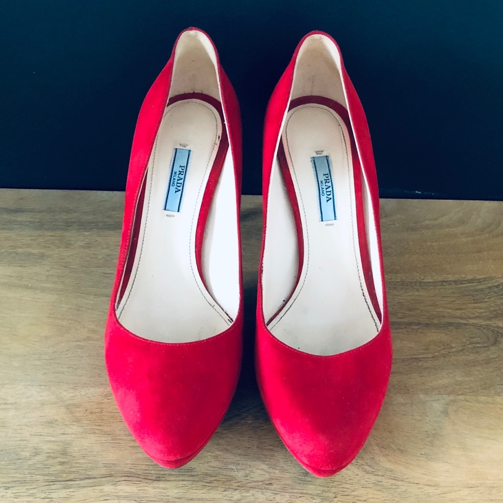 Prada red suede platform pumps